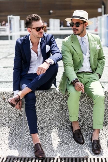 A navy suit a green suit brown moccasins white button downs are perfect looks for a summer wedding a more or less informal one