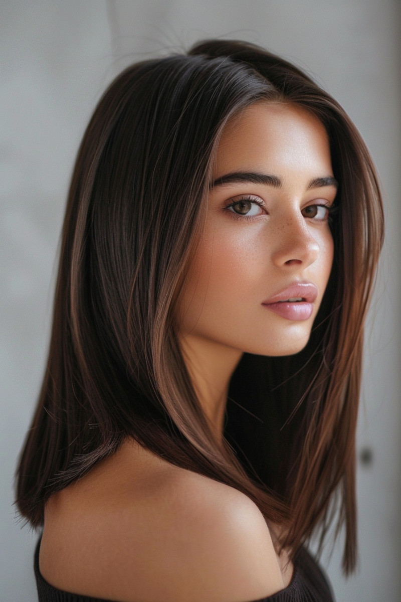 Blunt ends showcase hair thickness, chic appearance. Rich chocolate brown adds depth, shine!