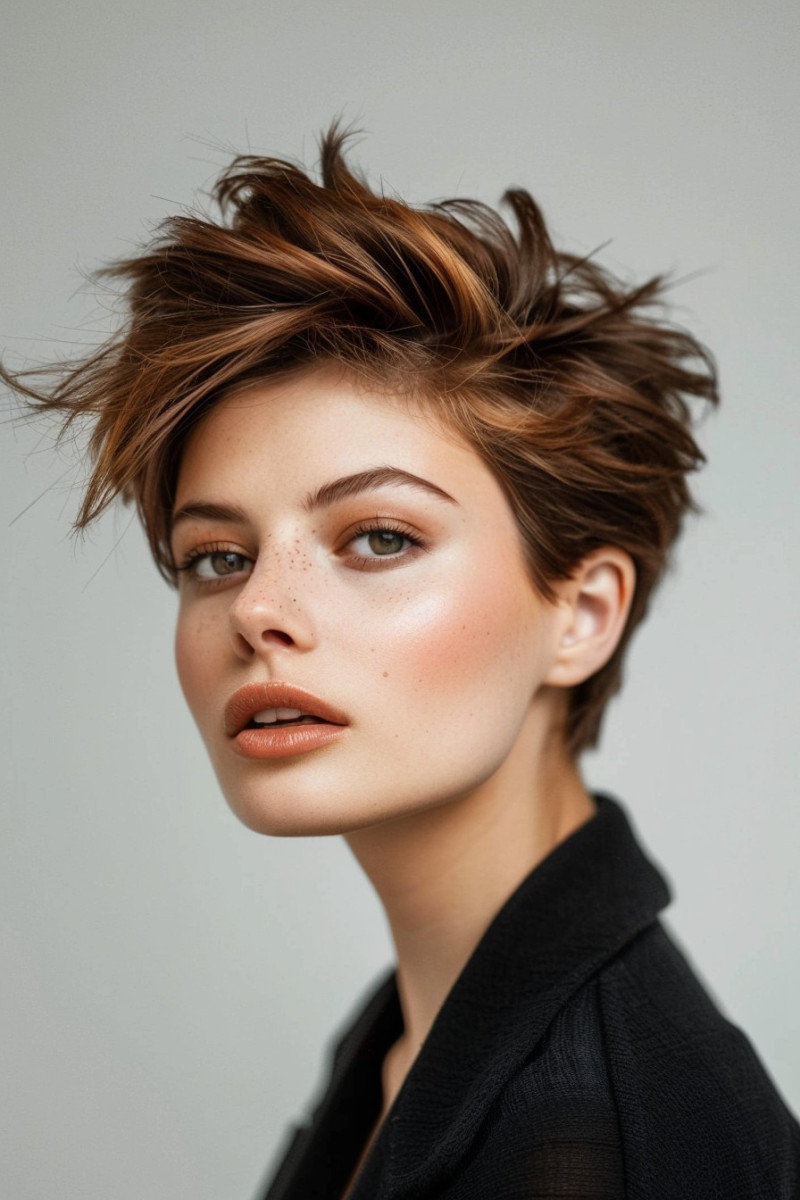 Choppy pixie for thick hair. Texture tames volume for a cool, edgy style. Caramel adds warmth!