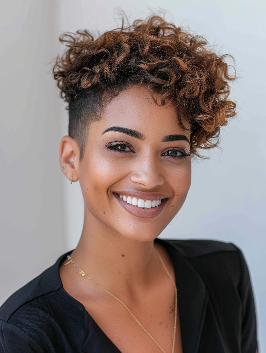 Curly tapered cut with golden highlights for a playful & chic look.