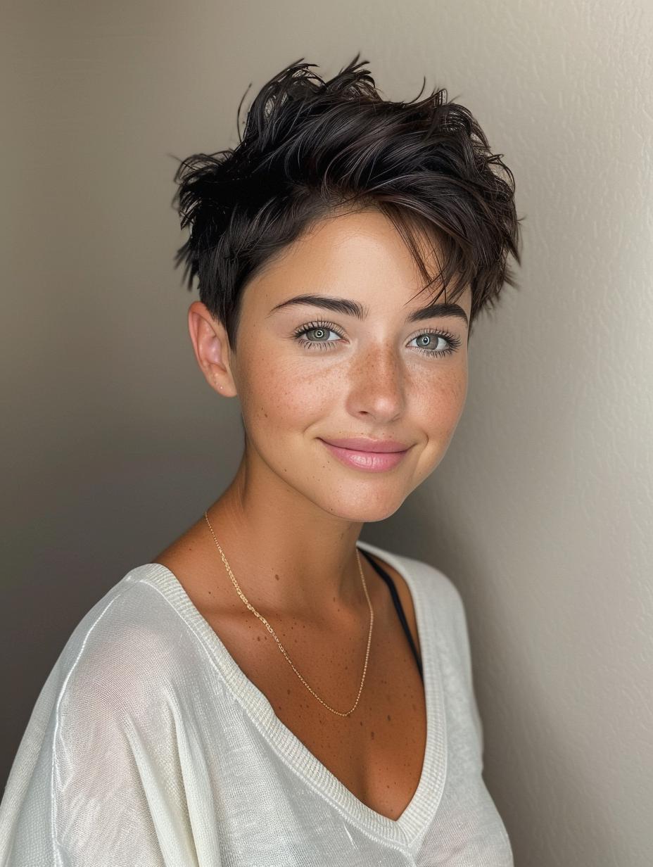 Dark brunette pixie with choppy layers for a bold & modern look