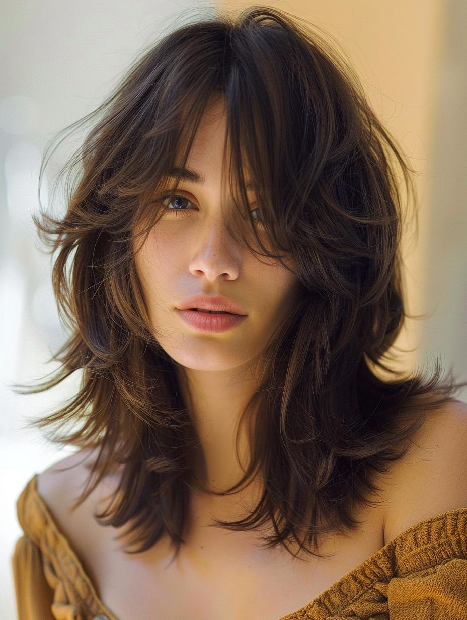 Layered brunette with subtle dimension for effortless style. #shaghaircut #brunettehair #naturalhighlights