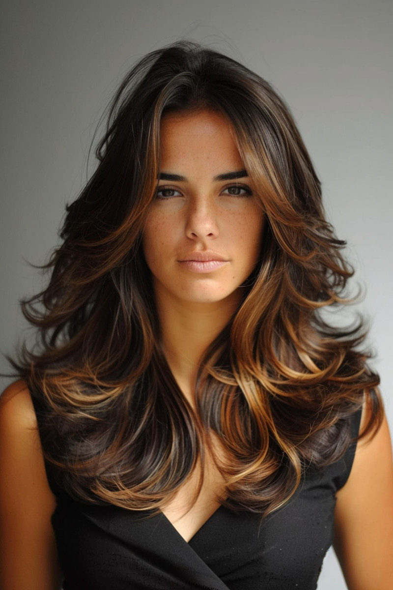 Layers & babylights add weightless volume & warmth for dreamy hair.