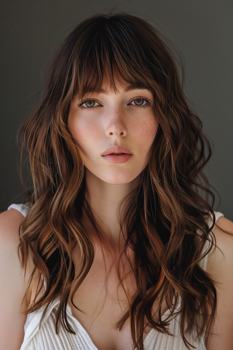 Layers + bangs for thick hair. Soft & feminine. Brunette adds richness!