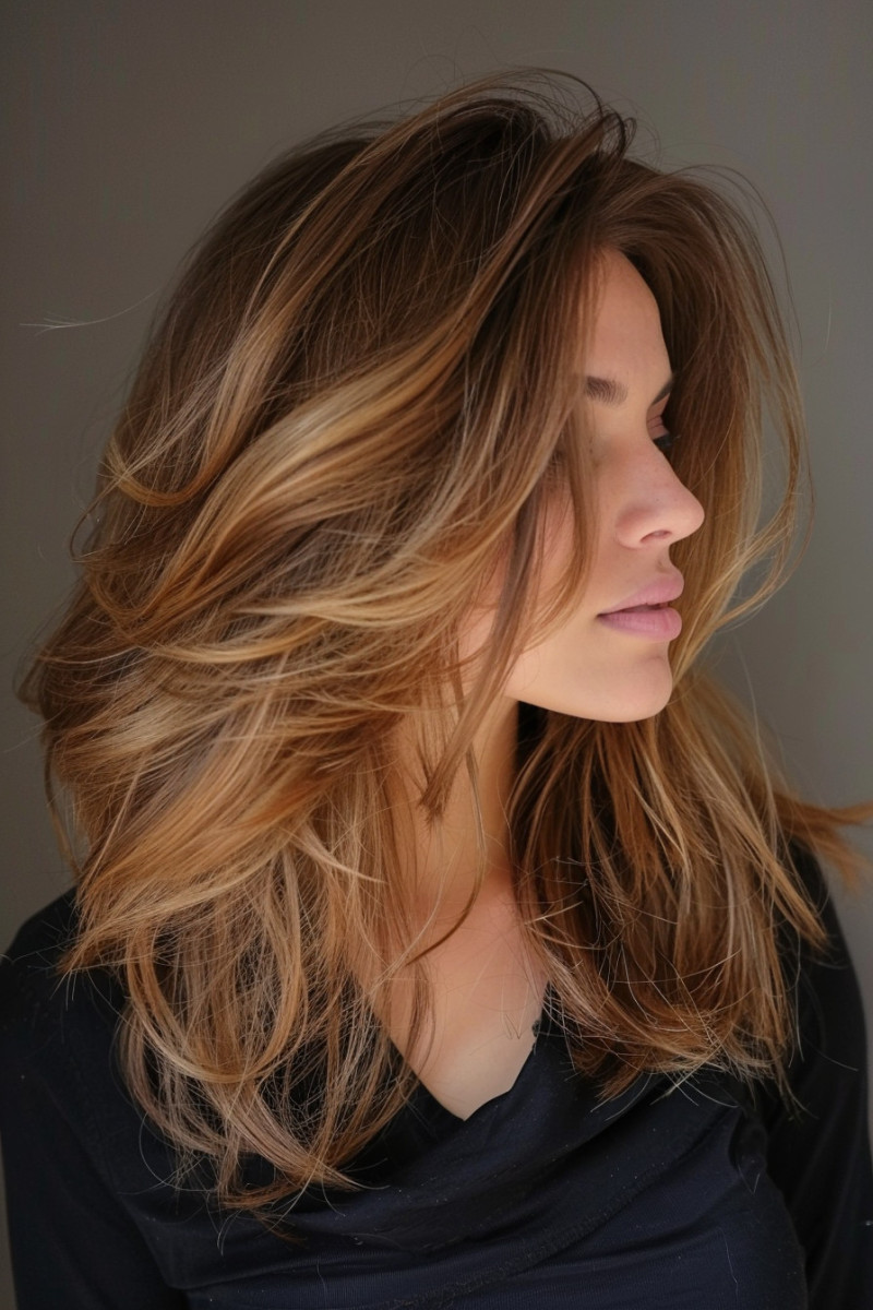 Layers for thick hair. Cool texture + honey balayage!