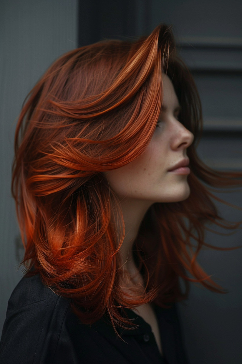 Layers remove bulk, add movement. Coppery highlights bring warmth, eye-catching effect!