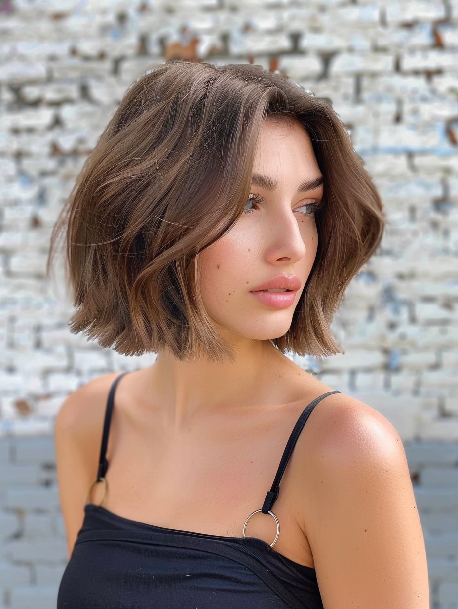 Rich brown bob with layers for a statement, textured look
