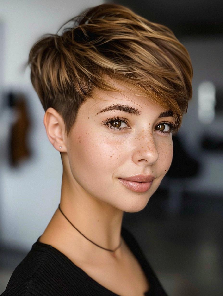 Short layers & brown highlights for a trendy, edgy look.