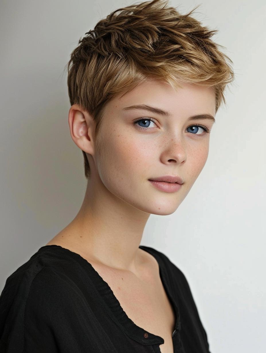 Soft, textured layers in light brown for a playful pixie cut.