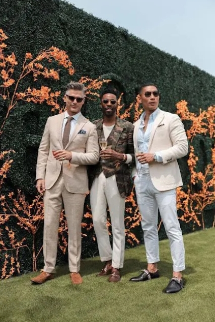 Stylish summer men wedding guest looks with linen pantsuits printed and non printed blazers loafers and t shirt and shirts