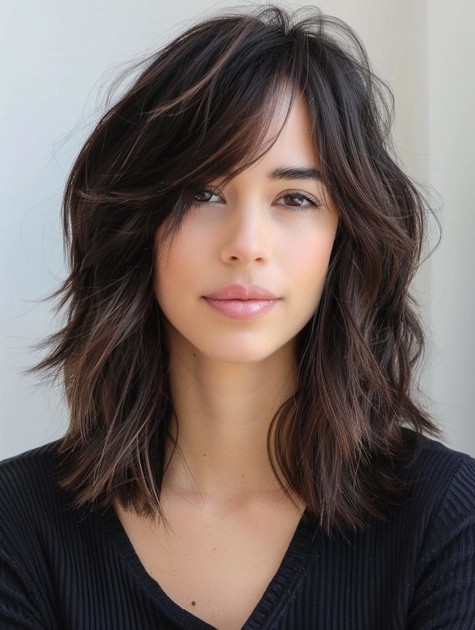 Tousled waves & deep brown hair for a natural, cool-girl vibe. #shaghaircut #brownhair #effortless