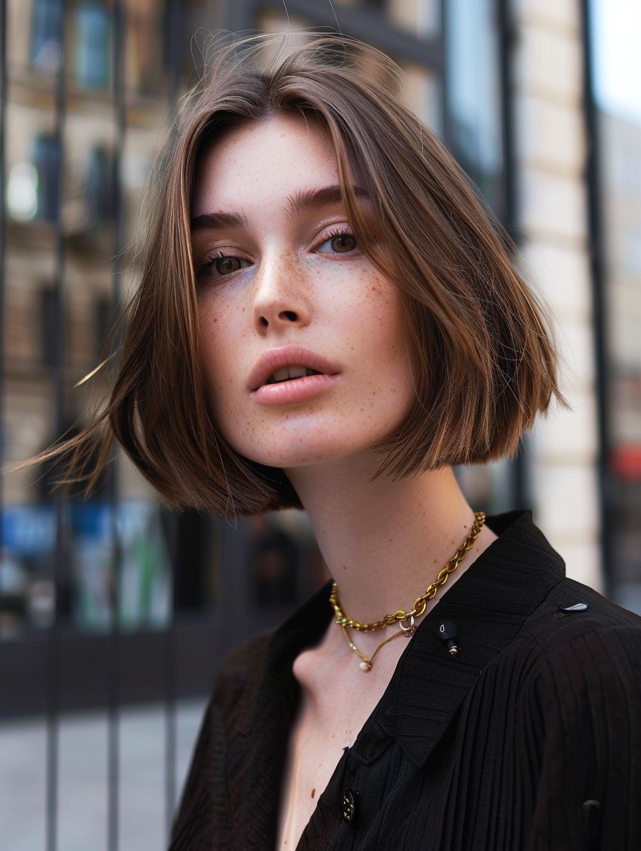 Trendy brown bob with sharp ends for a city-ready look.