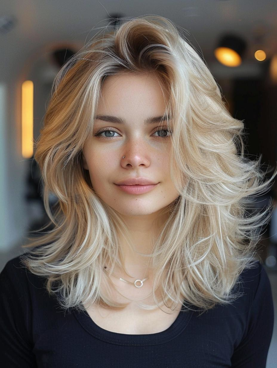 Voluminous layers & light blonde with natural roots for a cool vibe.
