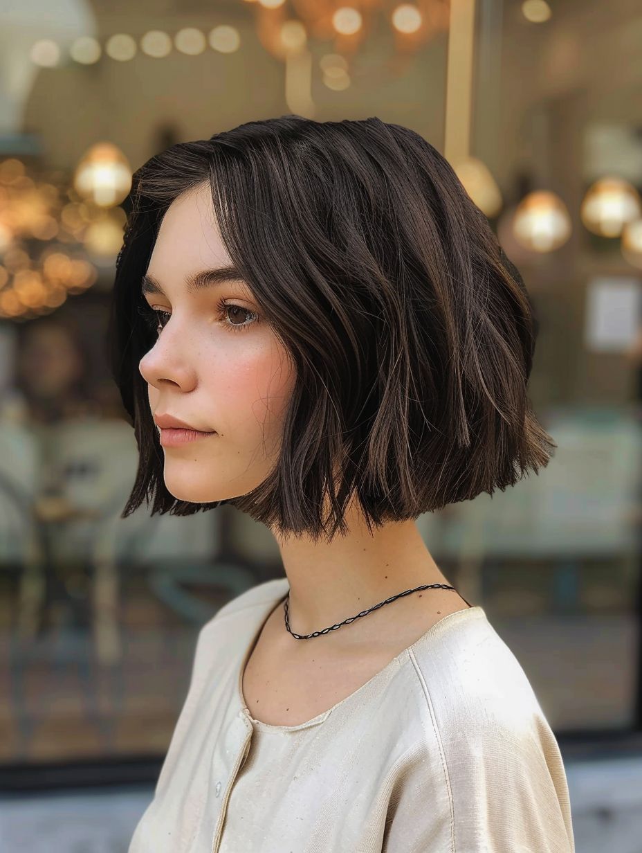 Warm brown bob with textured waves for a sophisticated look.